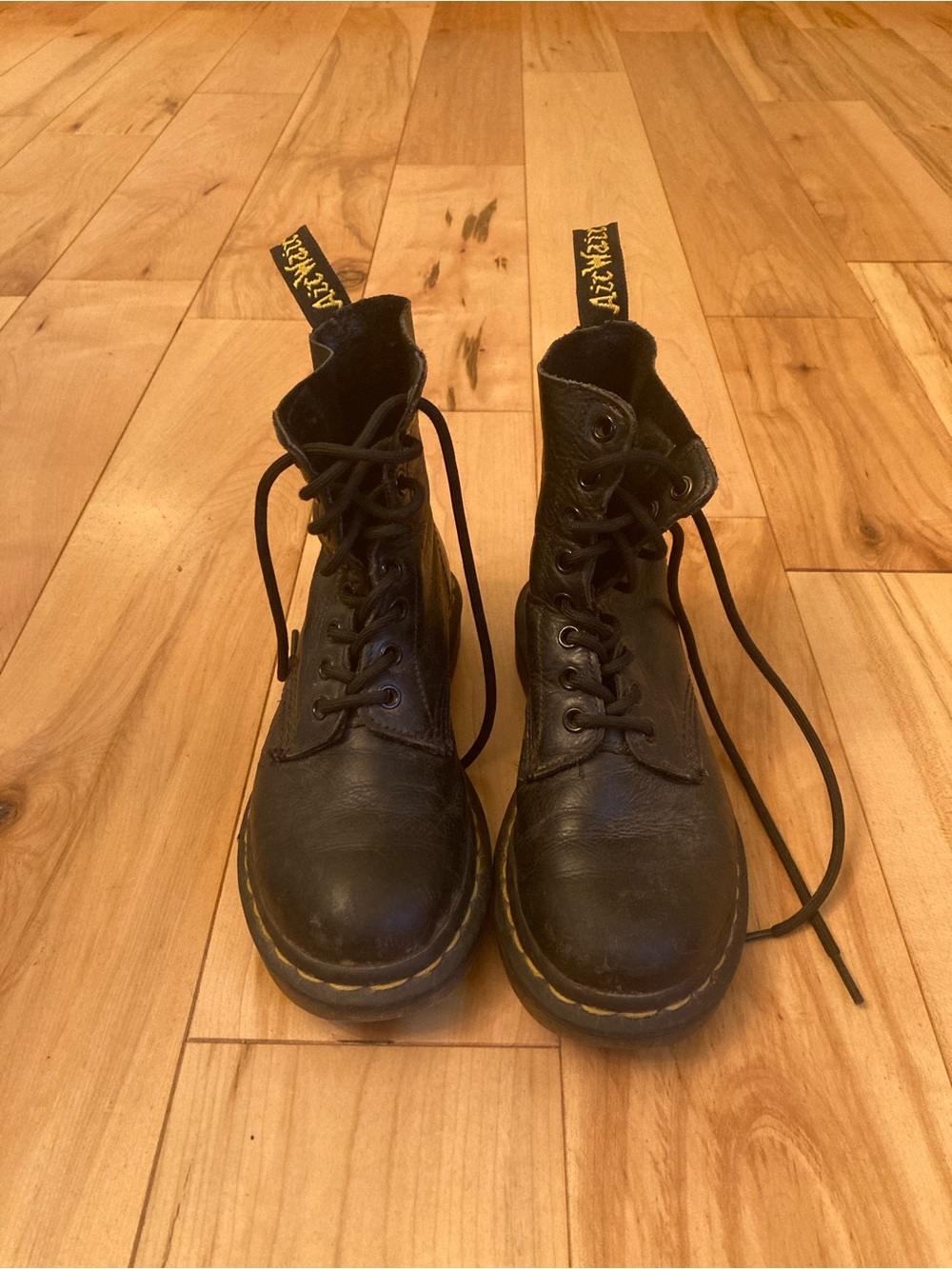 Dr. Martens Black Leather Combat Boots with Yellow Stitching